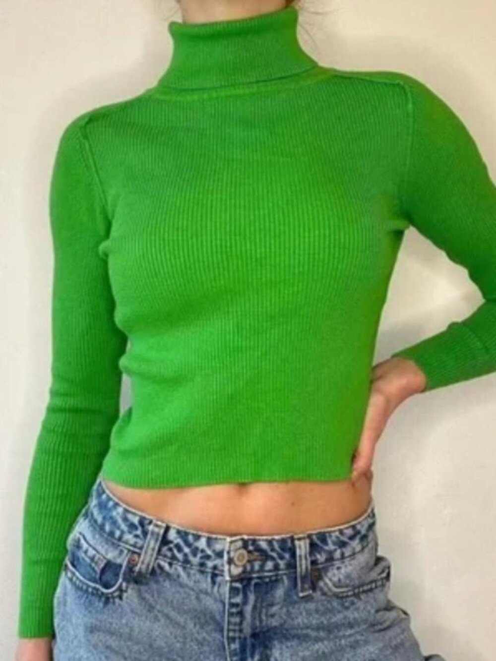 Urban Outfitters bright green ribbed cropped turtleneck sweater